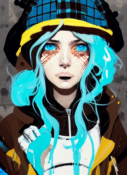 Prompt: highly detailed portrait of a sewer punk lady student, blue eyes, plaid hoody, hat, white hair by atey ghailan, by greg rutkowski, by greg tocchini, by james gilleard, by joe fenton, by kaethe butcher, gradient yellow, black, brown and cyan color scheme, grunge aesthetic!!! ( ( graffiti tag wall background ) )