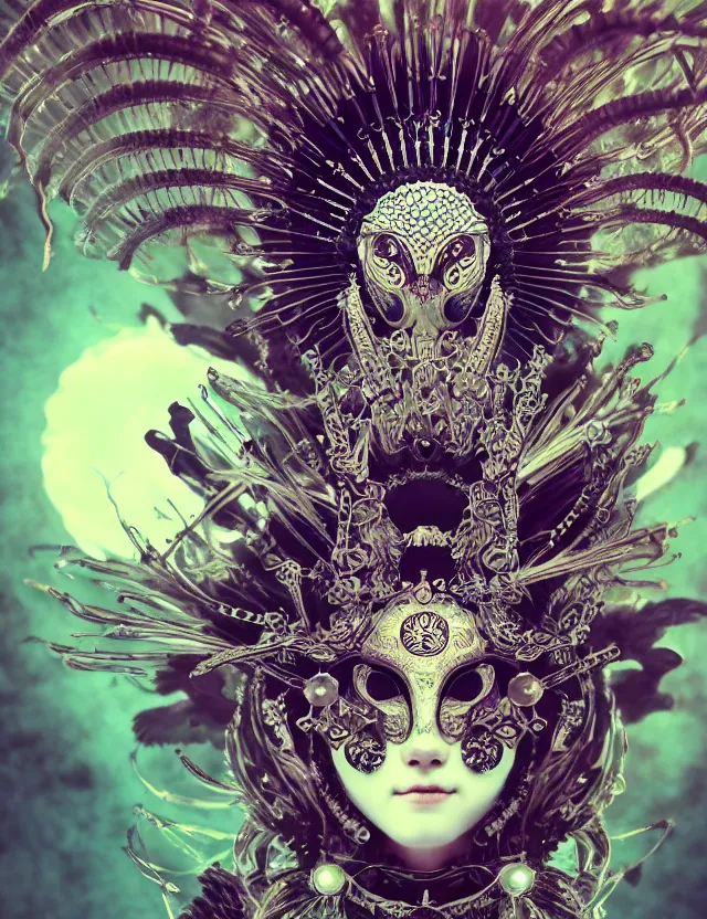 Image similar to goddess macro close - up portrait wigh crown made of ram skull. beautiful intricately detailed japanese crow kitsune mask and clasical japanese kimono. betta fish, jellyfish phoenix, bioluminiscent, plasma, ice, water, wind, creature, artwork by tooth wu and wlop and beeple and greg rutkowski