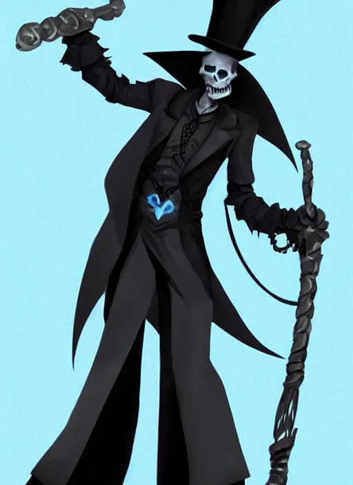 Image similar to DND character art, skeletal male figure, wearing a deep black suit!!! and tie and top hat, holding a gold! cane!. blue!!! flames!!