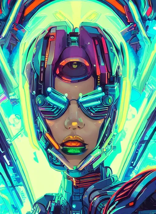 Prompt: A beautiful portrait of a cyberpunk mecha queen with neon hair, frontal, digital art by Ross Tran and Dan Mumford, vibrant color scheme, highly detailed, outrun art style