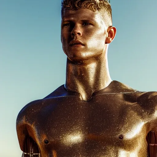 Image similar to a realistic detailed photo of a guy who is an attractive humanoid who is half robot and half humanoid, who is a male android, football player christian mccaffrey, shiny skin, posing like a statue, blank stare, by the beach, on display