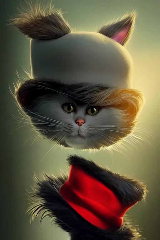 Image similar to complex 3 d render, hyper detailed, ultra sharp, of the cat in the hat, scary, cinematic, natural soft light, rim light, octane render, artstation, art by artgerm and greg rutkowski, dr seuss