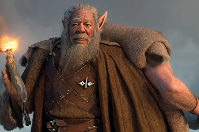 Image similar to morgan freeman starring as gimli in lord of the rings, full body, still from a pixar movie, high quality 3 d render, movie, pixar, renderman, 4 k, artstation