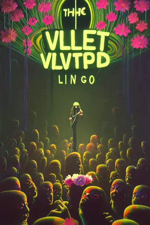 Image similar to the velvet underground and nico playing live on stage at a night club, beautiful stage decoration with flowers in the background, painting by simon stalenhag, very detailed and colorful and toned down and ornamental and moody and cool and relaxed and high on drugs, trending on artstation, behance contest winner