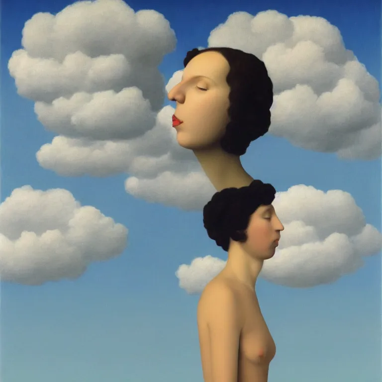Prompt: porait of faceless woman and faceless man kissing, clouds in the background, by rene magritte, detailed painting, distance, centered, hd, hq, high resolution, high detail, 4 k, 8 k