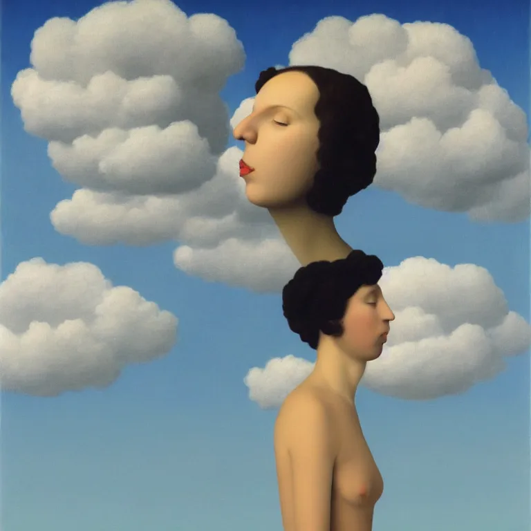 Image similar to porait of faceless woman and faceless man kissing, clouds in the background, by rene magritte, detailed painting, distance, centered, hd, hq, high resolution, high detail, 4 k, 8 k