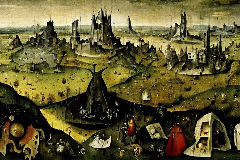 Image similar to dark souls landscape painted by hieronymus bosch