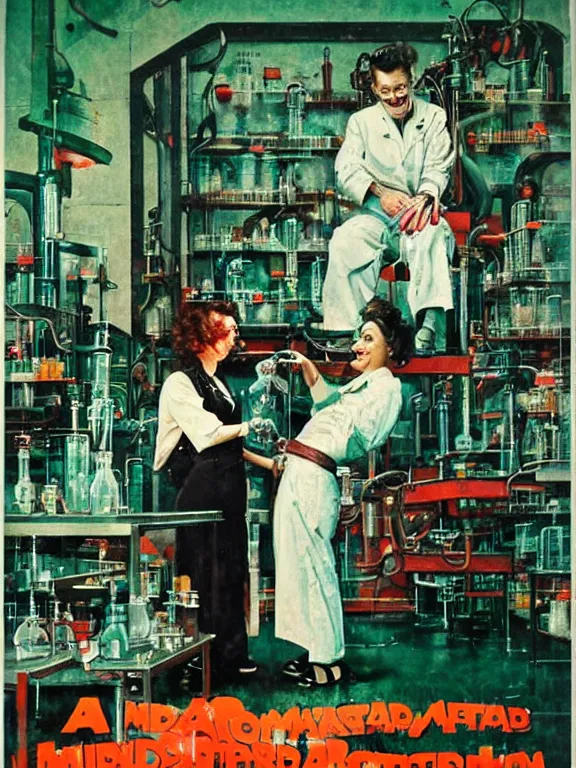 Image similar to A female mad scientist in a laboratory coat, smiling and welding together a partially-built realistic robotic!!! man!!! in a suit, in a darkly lit laboratory room surrounded by test tubes and jars, 1950s horror film movie poster style, Norman Rockwell oil painting, retro vintage, saturated pink and green lighting