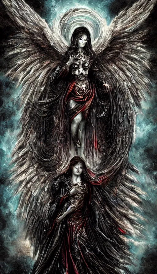 Image similar to painting of an ominous creepy dramatic bright angel of death with many skulls in dark clouds, full-body portrait, highly detailed, ornate and elegant, rococo, fantasy, traditional art, gothic, abstract art, surrealism, concept art, vaporwave, synthwave, ambient, retro, futurism, pixel sorting, glitch art, on artstation