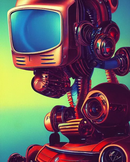 Prompt: a robot made of 8 0 s era technology, vintage shapes, retro technology, vintage color, wayne barlow, oil on canvas, deep depth of field, masterpiece, cinematic composition, hyperdetailed