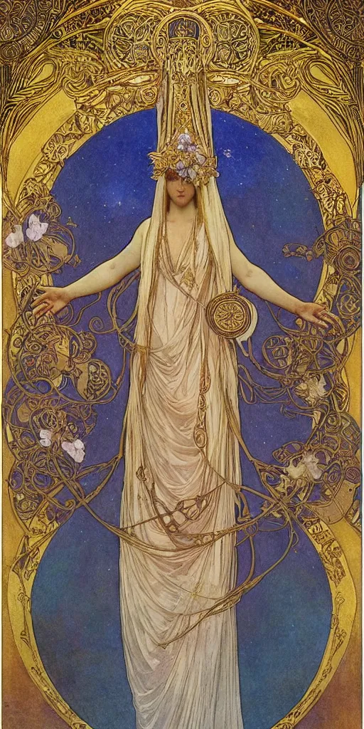 Image similar to saint woman, venus, athena, queen, by alphons mucha and annie swynnerton and nicholas roerich and jean delville, strong dramatic cinematic lighting, ornate headdress, flowing robes, spines, flowers, stars, lost civilizations, smooth, sharp focus, extremely detailed, blue marble, obsidian, gold, space