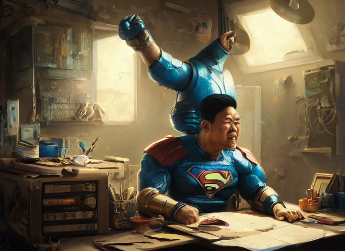 Image similar to an insanely detailed painting of an asian man wearing a homemade superhero costume, sitting at a desk, staring seriously at the computer and typing, in the style of peter mohrbacher, dramatic lighting and composition, surreal background, octane render, pixar, trending on artstation, concept art, comic book, view from behind, 8 k