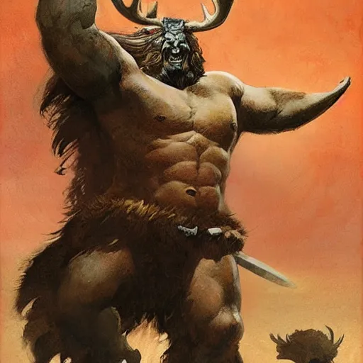 Image similar to hairy barbarian with moose head by greg rutkowski by frank frazetta