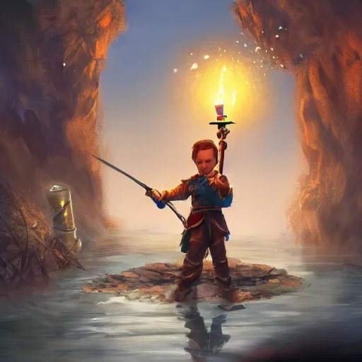 Image similar to concept art of a young swashbuckler holding a candle discovering a sunken city, highly detailed, digital art, illustration, artstation, very detailed, 4 k