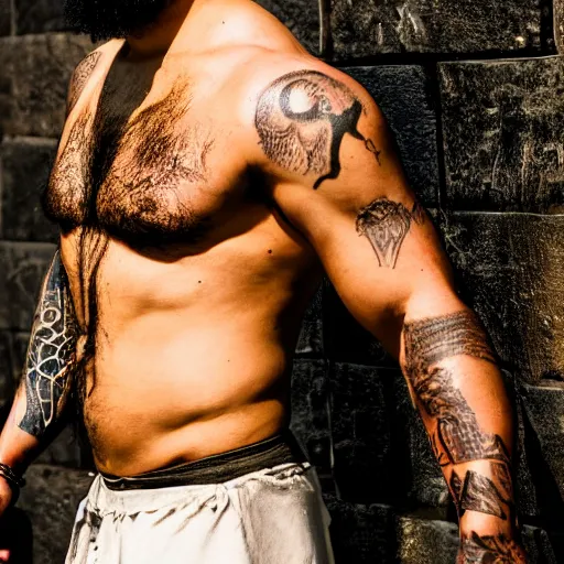 Image similar to portrait of khal drogo from games of thrones, mascular, broad shoulder, tattooed body, six packs, symmetrical, nikon 3 5 mm photography, ultrarealistic