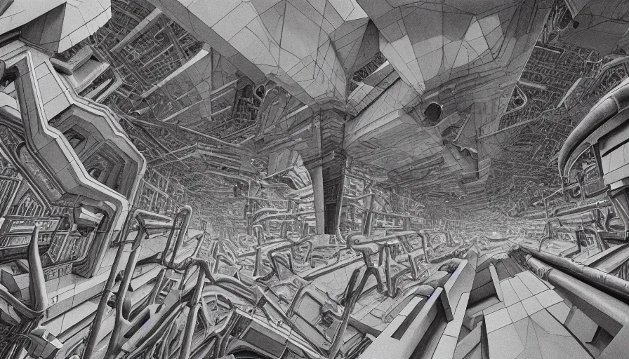 Prompt: the depths of a vast artificial world with massive towering pillars holding the ceiling of the incredibly geometric landscape up with machinery dwarved by the environment and energetic beings patrolling, extreme depth, wayne barlowe and mc escher collaboration, abyss, colossal hovering machine automations of brutalist design visible in the foreground