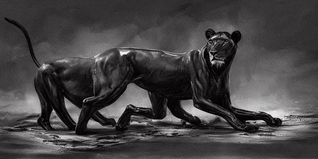 Prompt: a black lioness, made of smooth black goo, bathing inside the lake of black goo, viscous, sticky, full of tar, covered with black goo. painting, concept art, realism, animal drawing, color, savanna, wildlife photography, black goo