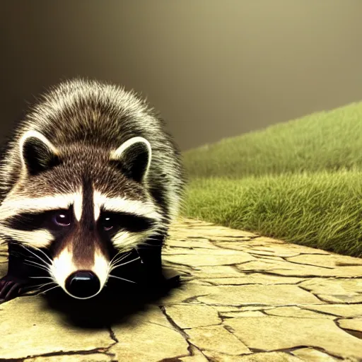 Prompt: a hyperrealistic 3 d octane render of a raccoon taking a photograph, photorealism, unreal engine, dramatic lighting, volumetric lighting, uplighting