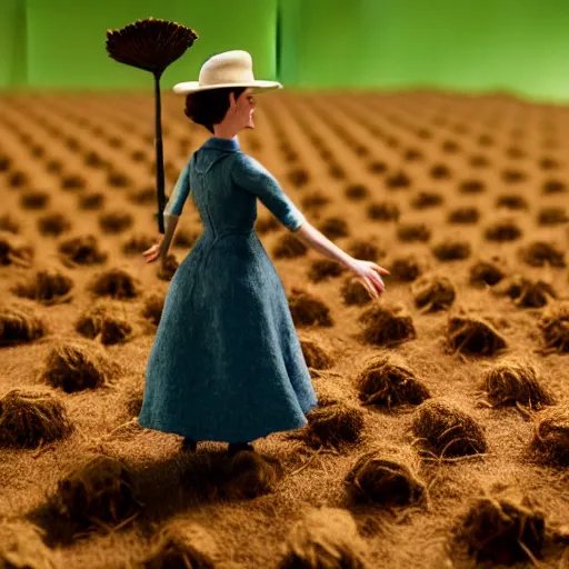 Image similar to a cinematic film still of a claymation stop motion film starring anne hathaway as female farmer with pitchfork, shallow depth of field, 8 0 mm, f 1. 8