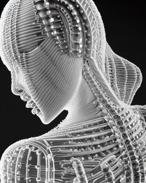 Prompt: mythical dreamy black and white organic translucent bio-mechanical spinal ribbed profile face portrait detail of icy mechanical beautiful female angelic-snow-cyborg, highly detailed, intricate crystal steampunk ornate, poetic, 3D render, digital art, octane render, 8K artistic photography, photo-realistic, by Dora Maar