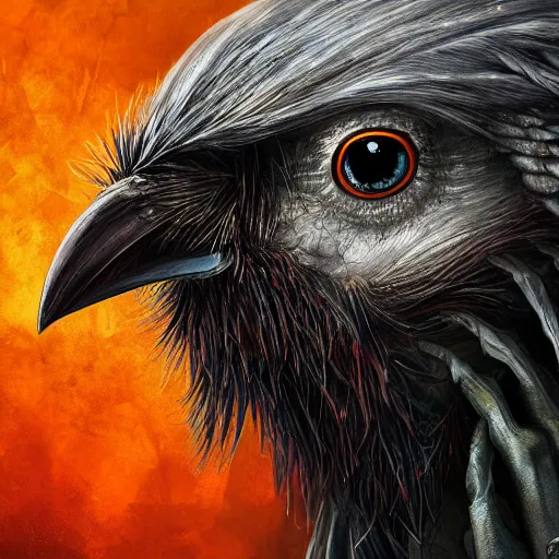 Prompt: A portrait of an undead crow, zombie, UHD, Tyler Jacobson, fantasy, DnD, magical particles, magical, digital art