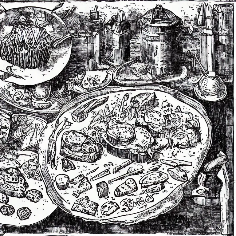 Image similar to middle age illustrated recipe for hamburger ( ( ( ( a bigmac hamburger ) ) ) ) lot of medieval enluminures in the background explaining the recipe, schematic in a notebook