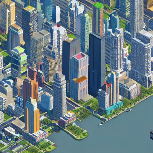 Image similar to new york city skyline in the style of cities skylines, isometric view