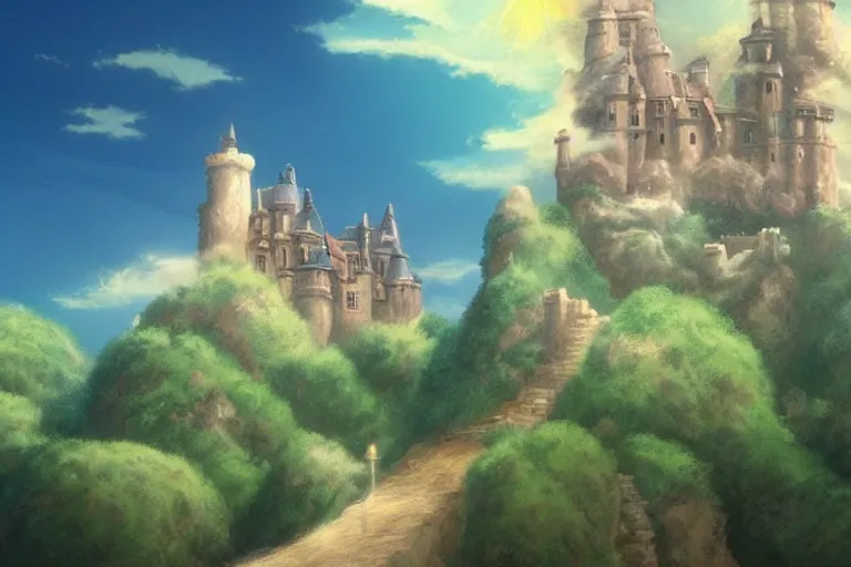 Image similar to Castle made of clouds, celestial light, divine, ghibli