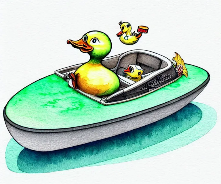 Prompt: cute and funny, duck riding in a tiny boat, ratfink style by ed roth, centered award winning watercolor pen illustration, isometric illustration by chihiro iwasaki, edited by craola, tiny details by artgerm and watercolor girl, symmetrically isometrically centered