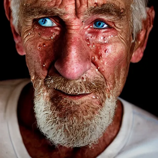 Prompt: a photographic portrait of a rugged elderly man with tears running down face by Martin Schoeller