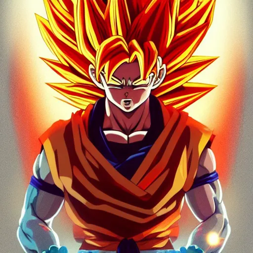 Image similar to Portrait of Super Saiyan Goku wearing, dark orange background , intricate, elegant, highly detailed, digital painting, artstation, concept art, smooth, sharp focus, illustration, art by artgerm and greg rutkowski and alphonse mucha