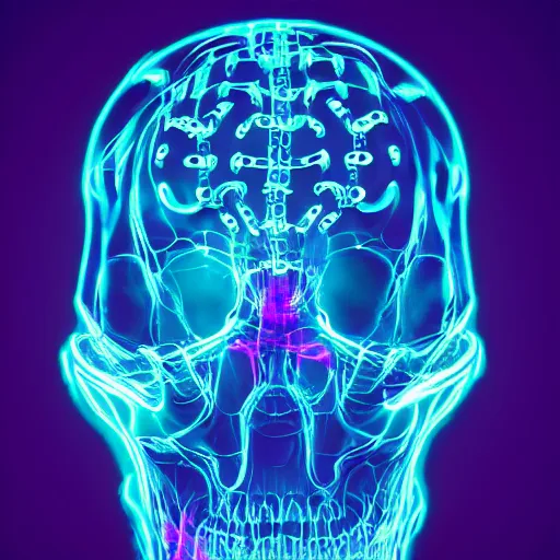 Image similar to cybernetic human scull with with horns , blue neon light and smoke and purple lighting