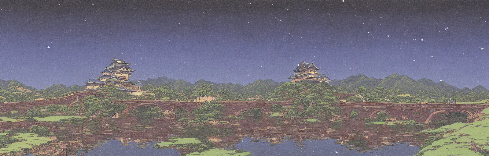 Prompt: landscape painting of multiple large interconnected castles and keeps,moat,bridge,mountains,oil canvas,night sky,by Paul Bril and Kawase Hasui masterpiece,high quality,pretty,fantasy,impossible