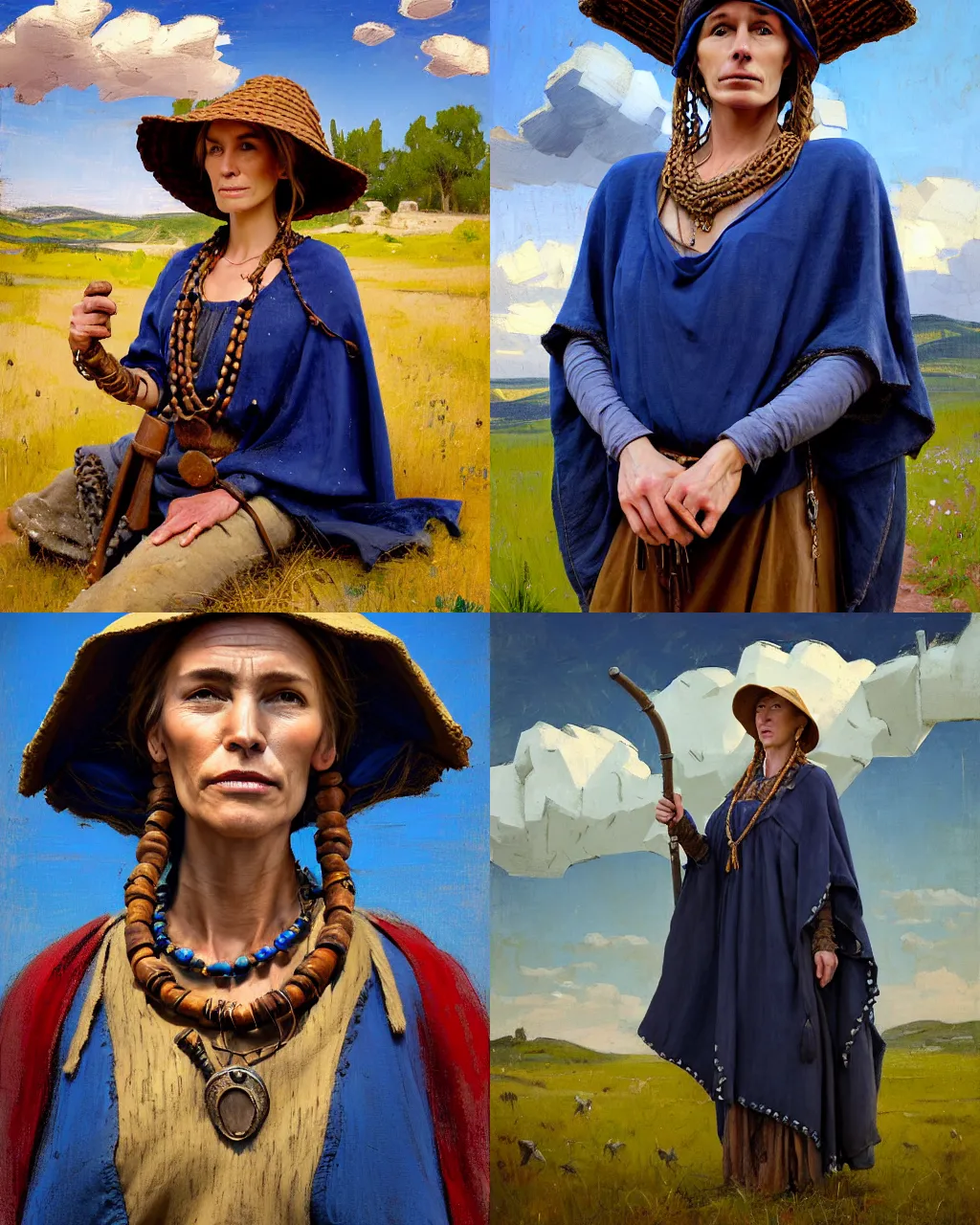 Prompt: portrait of medieval farmer woman with wooden jewelry, mediterranean features, wearing rich jewerly hat and deep blue boho poncho, fantasy character close up portrait, sitting dynamic pose, Low poly, thunder clouds in the sky, artwork by Jeremy Lipkin and Giuseppe Dangelico Pino and Michael Garmash and rob rey, levitation, industrial rusty pipes, simple form, brutal shapes
