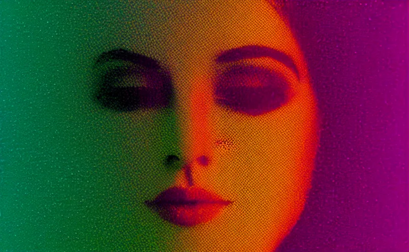 Image similar to vhs glitch art portrat of a woman hidden underneath a sheet, static colorful noise glitch, 1 9 8 0 s