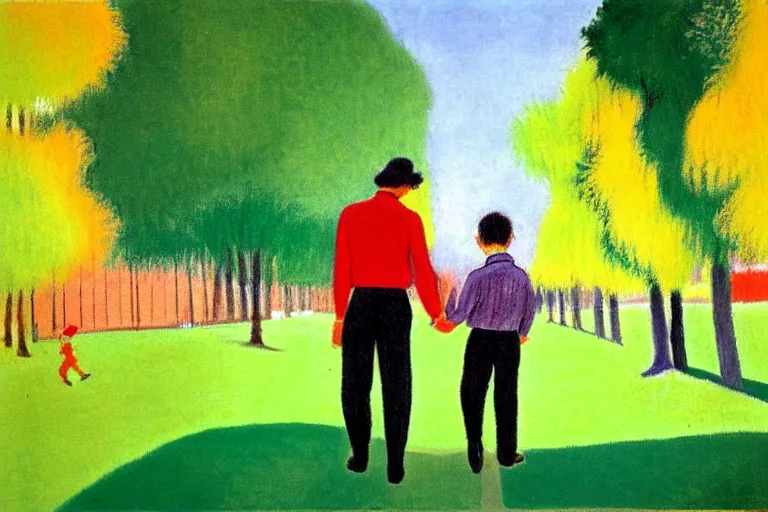 Image similar to a very tall man with dark hair holding the hands of a short young boy as they walk in a park on a bright beautiful colorful day. part in the style of an edgar degas painting. part in the style of david hockney