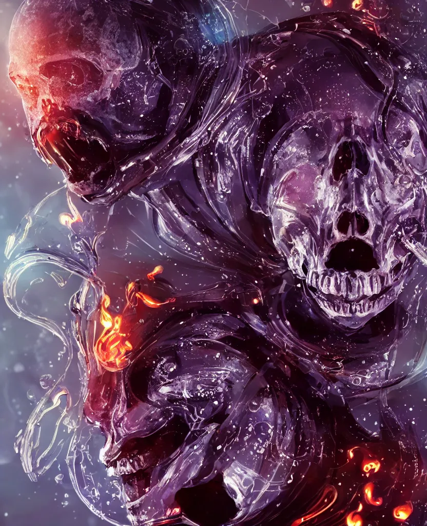 Image similar to close-up macro portrait of the face of a beautiful princess rotten skull in a spaceman suit, epic angle and pose, symmetrical artwork, 3d with depth of field, blurred background, cybernetic jellyfish female face skull phoenix bird, translucent, nautilus, energy flows of water and fire. a highly detailed epic cinematic concept art CG render. made in Maya, Blender and Photoshop, octane render, excellent composition, cinematic dystopian brutalist atmosphere, dynamic dramatic cinematic lighting, aesthetic, very inspirational, arthouse. y Greg Rutkowski, Ilya Kuvshinov, WLOP, Stanley Artgerm Lau, Ruan Jia and Fenghua Zhong