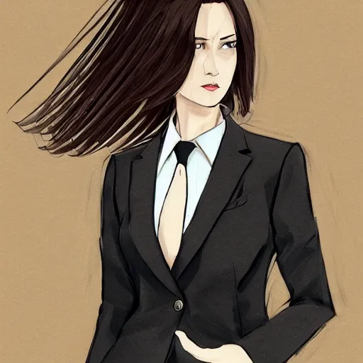 Prompt: woman in black business suit, chill, light brown neat hair, pixiv, fanbox, trending on artstation, portrait, digital art, modern, sleek, highly detailed, formal, serious, determined, blue tie, lawyer, colorized, smooth, charming, pretty, briefcase, safe for work