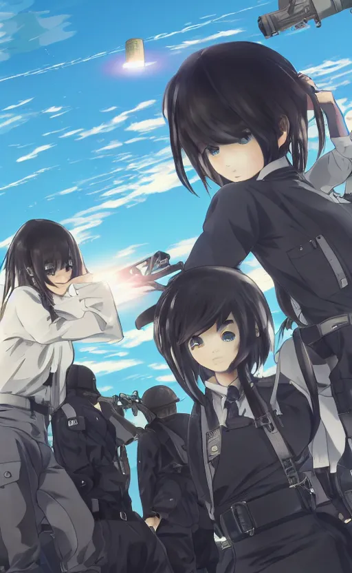 Prompt: anime style, gta 5, panoramic view of shigure kancolle, searchlights in background, soldier clothing, short hair, hair down, symmetrical facial features, from arknights, hyper realistic, extreme detail, detailed drawing, trending artstation, hd, d & d, realistic lighting, by alphonse mucha, greg rutkowski, sharp focus, backlit