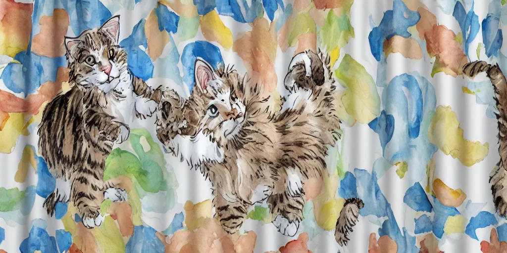 Image similar to shower curtain product catalog. on the curtain is a watercolor with ink under drawing of a cat toy being chased by a maine coon kitten. wide - angle product photography, product lighting. 4 k, highly detailed. saturated.