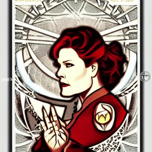 Prompt: star trek Captain Kathryn Janeway art nouveau, amazing details, intricate details ,insane details , in the style of Alphonse Mucha,