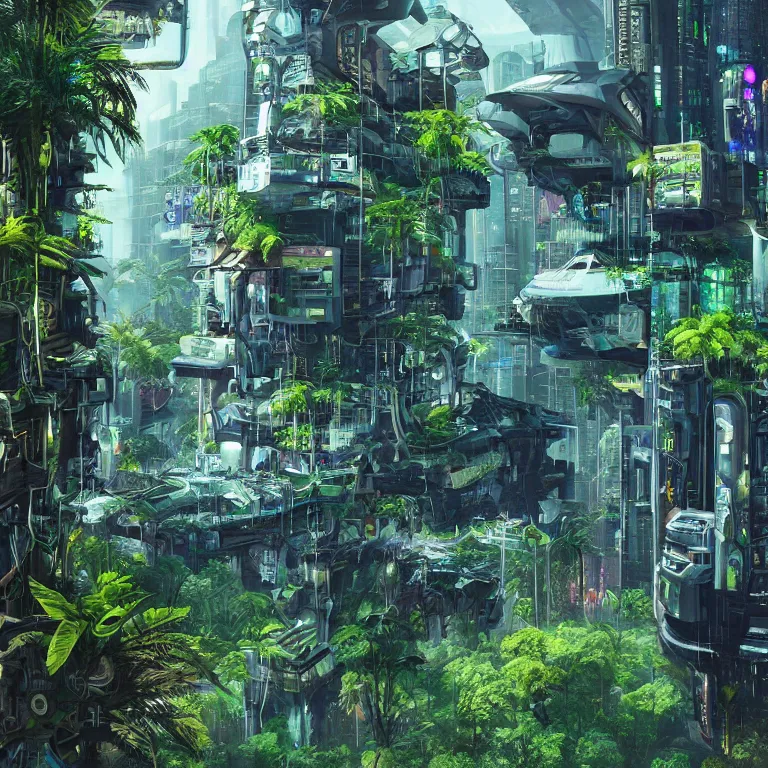 Prompt: cyberpunk visor, cyberpunk buildings in the tropical forest, wild jungles with organic housing, cyberpunk, high - quality surreal painting