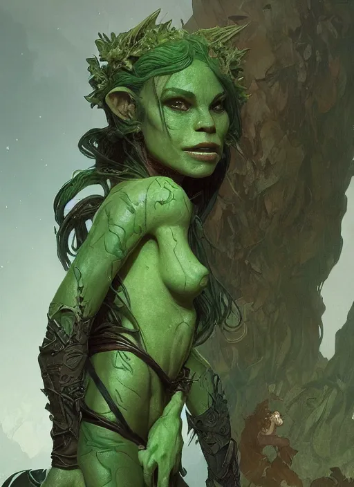 Image similar to a beautiful cute green skin goblin girl, D&D, fantasy, intricate, cinematic lighting, highly detailed, digital painting, artstation, concept art, smooth, sharp focus, illustration, art by Terry Moore and Greg Rutkowski and Alphonse Mucha