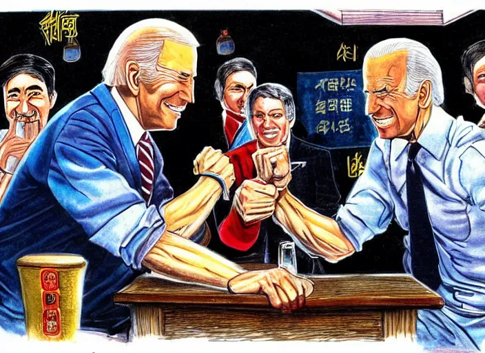 Image similar to joe biden arm wrestling in a bar in china illustration by mike ploog