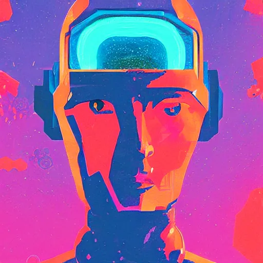 Prompt: a graph - style gouache impasto huge robot head in front of her, cyberpunk art by by james gilleard, cgsociety, retrofuturism, synthwave, retrowave, outrun