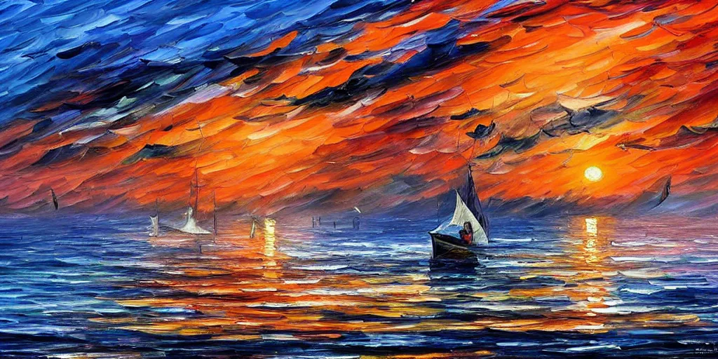 Image similar to rising sun ( ( ( fishing cormorant, fishing boat ) ) ) on the bay, by leonid afremov and moebius