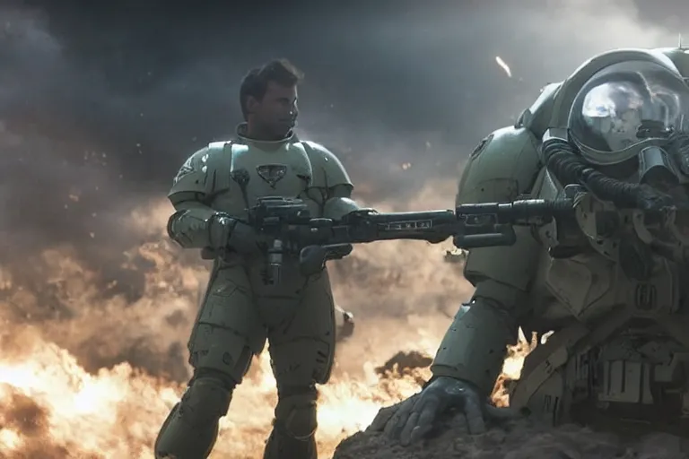 Prompt: VFX movie of a futuristic spacemarine in war zone, shooting gun natural lighting by Emmanuel Lubezki