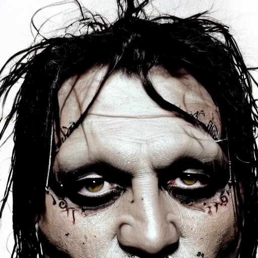 Image similar to portrait of johnny depp as a goth metal band member, symmetrical, nikon 3 5 mm photography, ultrarealistic