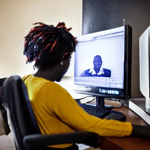 Image similar to A Kenyan businesswoman playing CS:GO on her computer, over the shoulder view