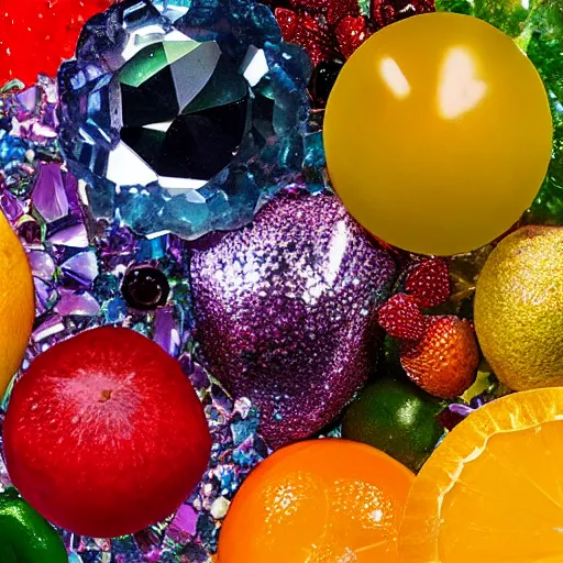 Prompt: fruits made of expensive gems, shimmer, natural light, crystallized, hd, high quality, photograph, on display